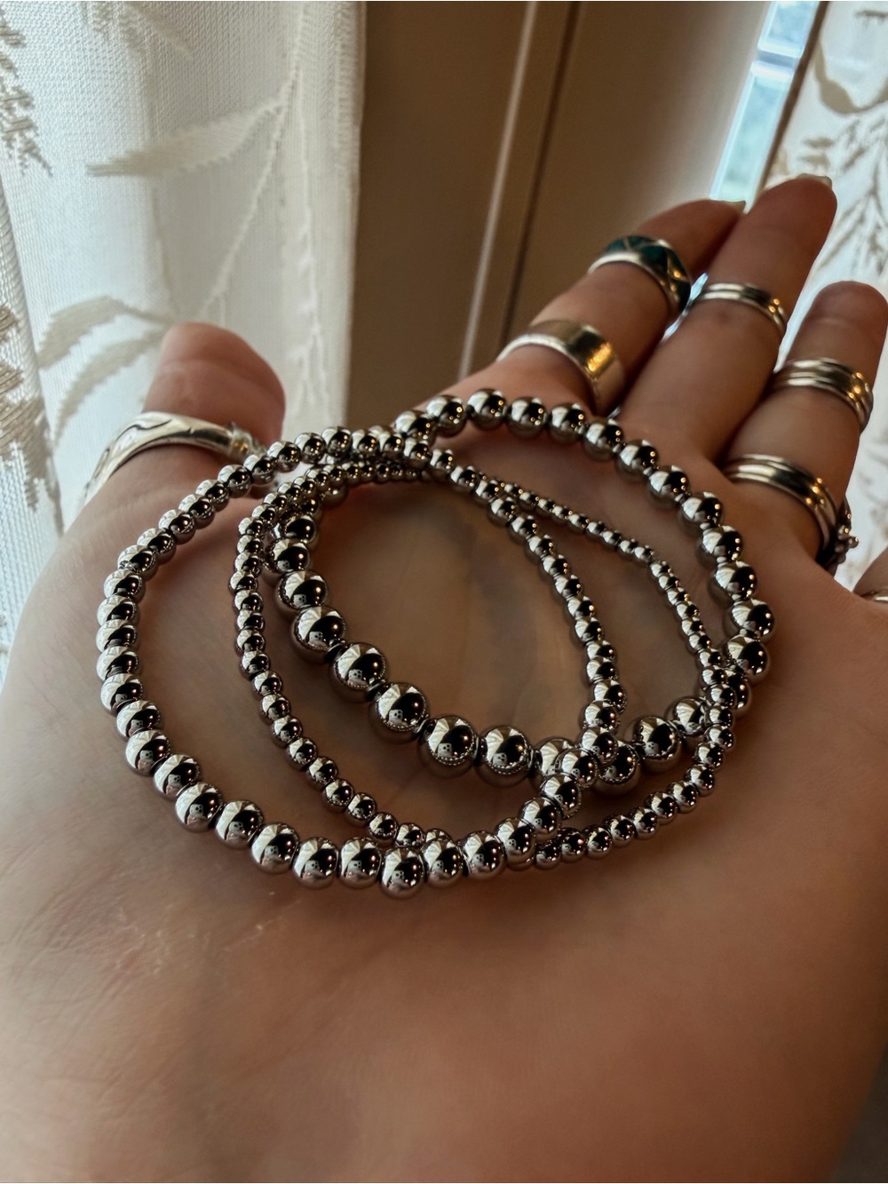 Stainless Steel Pearl Beaded Stretch Bracelet Set - Set of 3